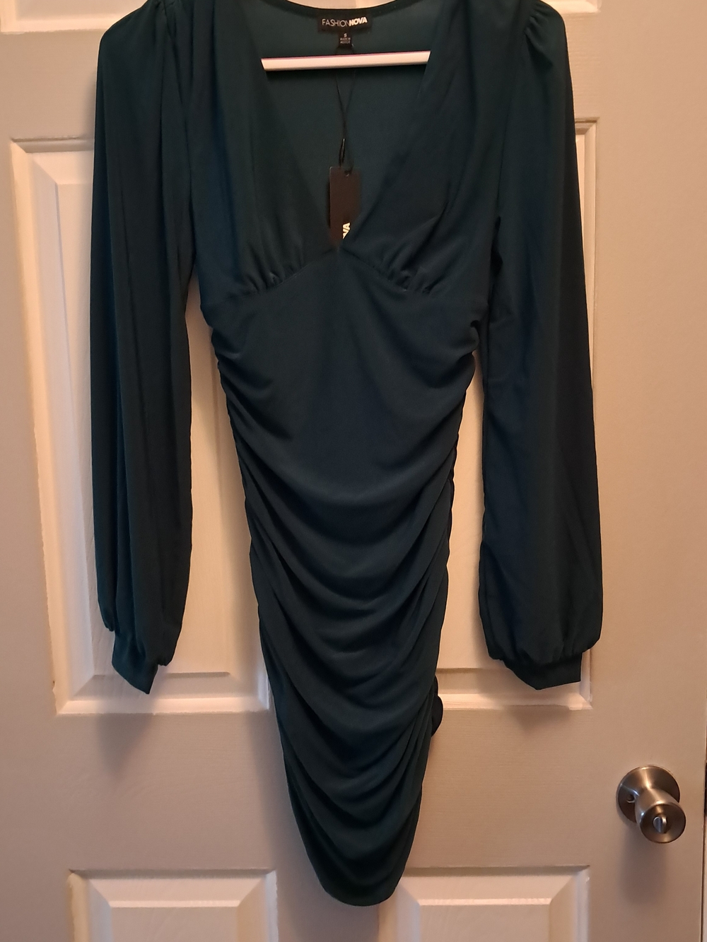 Fashion Nova Hunter Green Long Sleeve Ruched Bodycon Midi Dress
